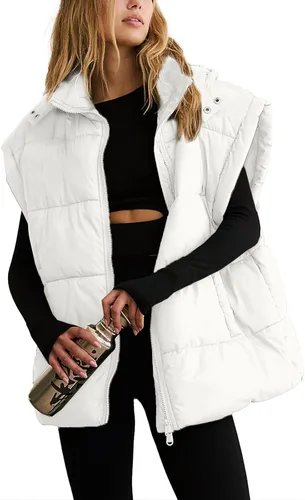 Vista 43 de Shiyifa Chaleco acolchado para mujer, chaqueta de gran tamaño, sin mangas, ligera, con cremallera, con capucha desmontable