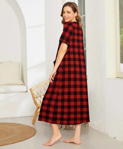 Vista 3 de Ekouaer Bata de mujer con cremallera frontal, manga corta, longitud completa, con bolsillos, tallas S-4XL