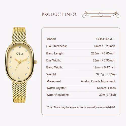 Vista 4 de Reloj de oro para mujer con esfera de diamante artificial, pulsera de acero inoxidable, movimiento de cuarzo, resistente al agua para la oficina