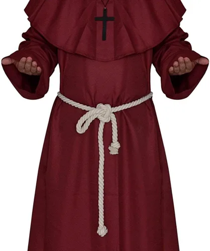 Vista 2 de Disfraz de monje renacentista medieval con capucha tipo Fraile, disfraz de cosplay.