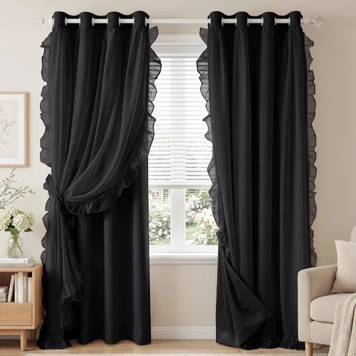 Vista 22 de PONY DANCE 100% Blackout Beige Curtains for Bedroom, Double Layer Room Darkening Drapes with White Ruffle Sheer Overlay, Boho Living Room Decor