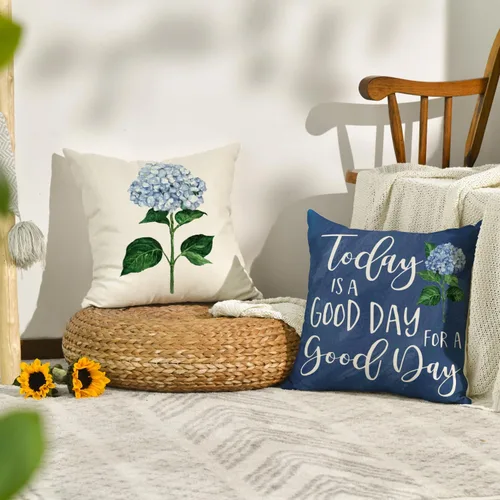 Vista 4 de AVOIN colorlife Juego de 4 fundas de almohada de hortensias azules para primavera y verano, 16 x 16 pulgadas, diseño de «Today is A Good Day»