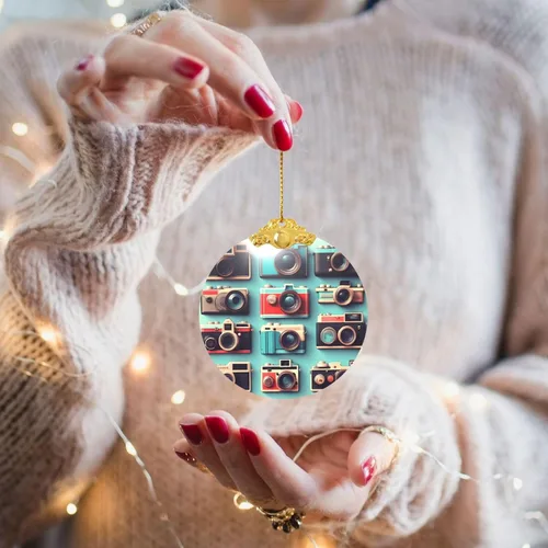 Vista 5 de Retro Cool Camera Collection Print Xmas Tree Hanging Decor, Metal Clasp Holiday Stained Glass Celebrations Decor,Gift Present