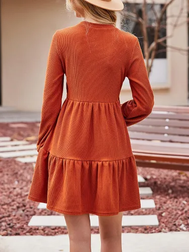 Vista 3 de CUPSHE Minivestido tipo suéter con cuello redondo y manga larga de obispo Naranja quemado