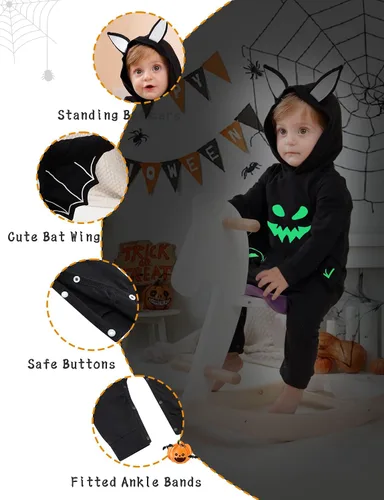 Vista 3 de Goodstoworld Disfraz de Halloween para bebé recién nacido, para niño y niña, color negro con murciélago que brilla en la oscuridad, body de 0 a 18