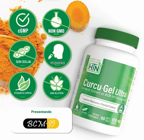 Vista 3 de Health Thru Nutrition Curcu-Gel 650mg BCM-95 Curcugreen Curcugreen Curcumin 60 Count High Absorption Turmeric Extract Supplement Healthy