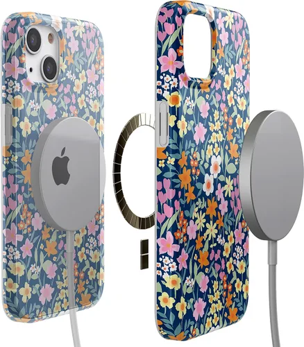 Vista 6 de Carcasa Casely para iPhone 13 Full Bloom Floral azul marino Compatible con MagSafe Diseño ultra delgado clásico Floración completa Floral