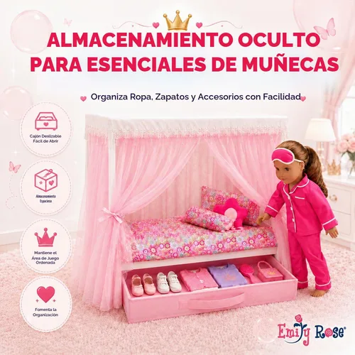 Vista 5 de Emily Rose Cama con dosel de princesa de 18 pulgadas, madera blanca con cortinas de tul rosa, juego de ropa de cama de 5 piezas y cajón