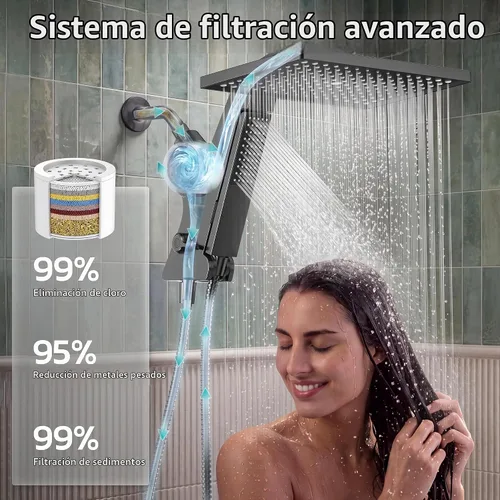 Vista 3 de JDO Cabezal de ducha de lluvia filtrado de 12 pulgadas con rociador de mano Negro mate