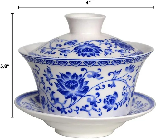 Vista 9 de Liang baobao Juego de Té Tradicional Gaiwan con Tapa y Platillo Taza de Té Gongfu de Porcelana Diseño Azul de Loto Tazas de 200ml