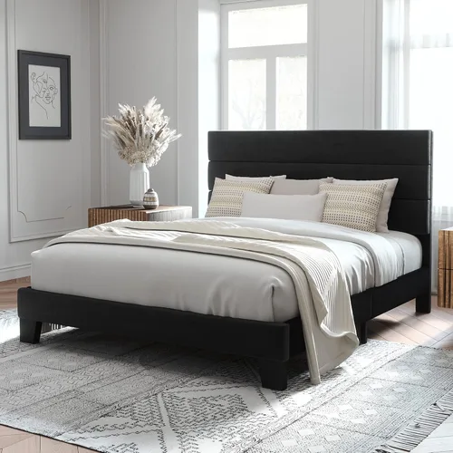Vista 12 de Allewie Base de cama de plataforma de tamaño individual con cabecera tapizada de tela y soporte de listones de madera, base de colchón totalmente