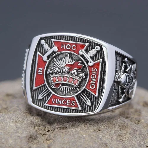 Vista 2 de Vintage Knights In Hoc Signo Vinces Templar Masones Masónicos Anillo de plata esterlina HE66F (10)