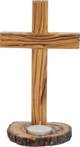 Vista 7 de Mesa de madera de olivo con cruz (8 pulgadas), cruz lisa de madera con base de portavelas