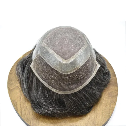Vista 5 de Toupee - Piezas de pelo para hombres, cabello humano real, sistema de reemplazo de cabello francés, encaje francés, extensiones de cabello