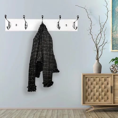 Vista 4 de Perchero de pared con 5 ganchos plateados de madera, 17.3’’, Ganchos resistentes para colgar ropa, sombrero, mochila, etc., Gran decoración moderna