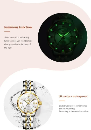 Vista 5 de OLEVS Relojes de diamante de lujo pequeños para mujer - Pulsera de acero inoxidable, impermeables, analógicos, luminosos, con fecha, relojes