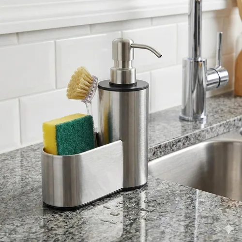 Vista 5 de Dispensador de jabón de cocina con soporte para esponja, dispensador de jabón para platos de 12 onzas para encimera de fregadero de cocina, bomba