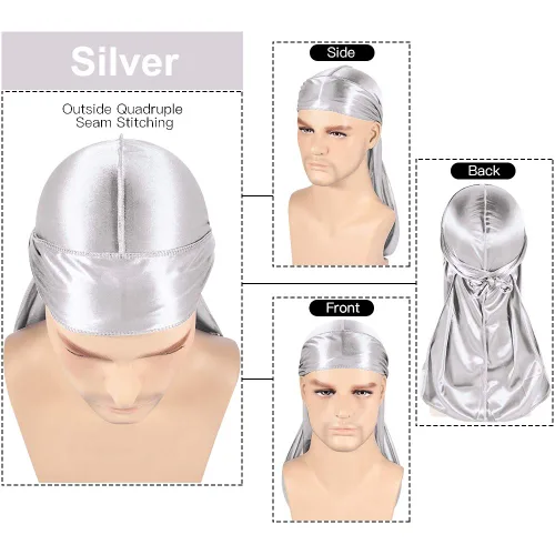Vista 17 de Paquete de 3 piezas de durags sedosas para ondas de hombres, de regalo 1 gorra para marcar las ondas, talla única