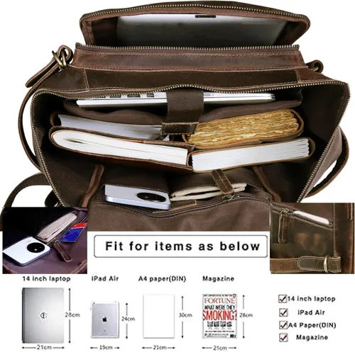 Vista 6 de HLC Mochila de cuero genuino para computadora portátil para hombres y mujeres, mochila genuina de gran capacidad, para negocios, retro, viajes