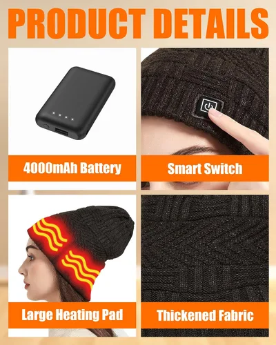 Vista 4 de Sombrero calefactable - Juego de bufanda y sombreros calefactores para hombres y mujeres, batería de 4000 mAh, 3 controles de temperatura