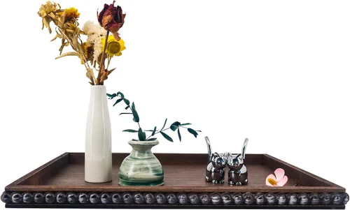 Vista 7 de FramePro Bandeja Decorativa Redonda de 12 pulgadas con Cuentas de Madera - Elevadores de Bandeja de Servir Negros para Sala de Estar, Mesa de Café