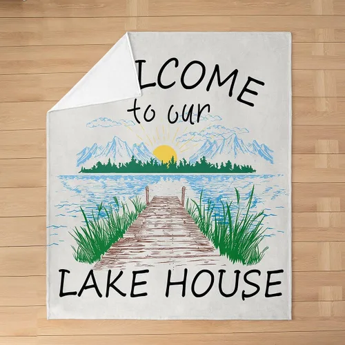 Vista 2 de Lake House Flannel Blanket,Hand Drawn Lake Mountain Scenery Fleece Blankets for Kids Girls Boys Adult Room Decor,Rustic Farmhouse Blankets Lake