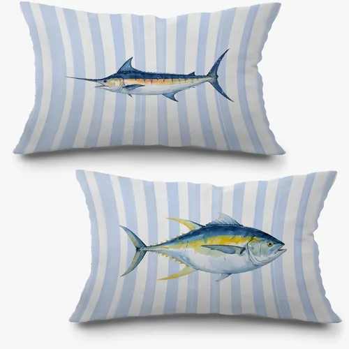 Vista 10 de Fundas de almohada costeras de langosta, fundas de almohada náuticas de langosta roja de Nueva Inglaterra con rayas azules y blancas para casa