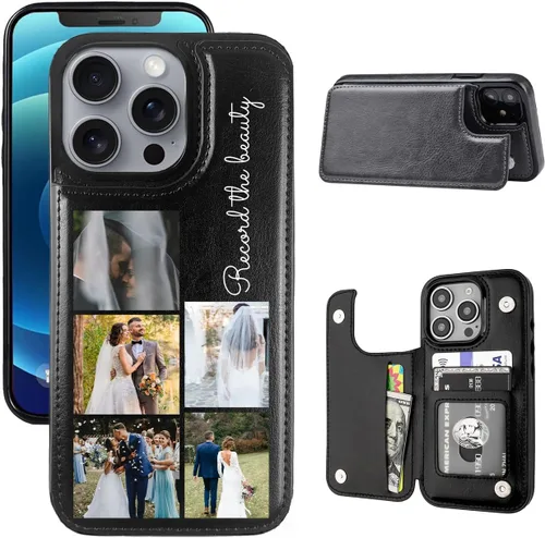 Vista 10 de Funda tipo cartera personalizada para iPhone 16/15/11/12/13/XR/X/XS SE Pro Max Mini con soporte para tarjetas, texto de imagen personalizada, a