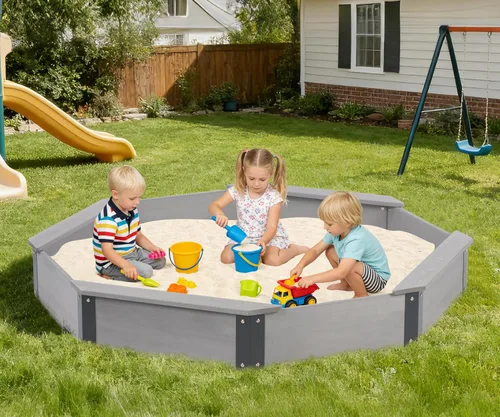Vista 2 de Cajón de arena de 64"x56"x8.5" octogonal con cubierta para juegos al aire libre de niños, arenero grande de madera con 4 bancos, instalación rápida