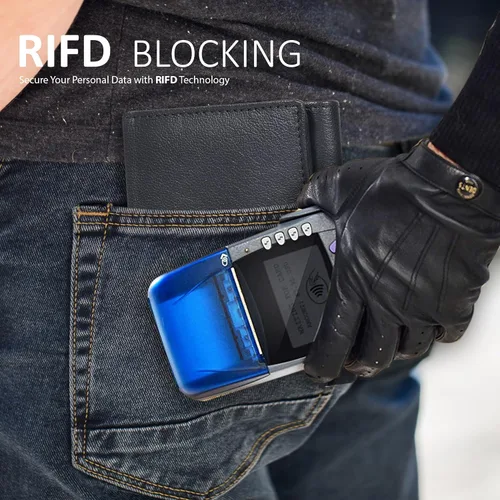Vista 46 de Cartera de cuero RFID hecha a mano para hombres, elegante cartera de bolsillo frontal triple con 2 ranuras para identificación y 9 tarjetas, Azul
