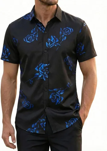 Vista 11 de ZEROYAA - Camisas de vestir de manga corta con estampado de rosa dorada para hombre, estilo hipster, calce ajustado, con botones