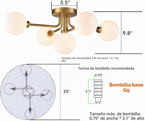 Vista 2 de CLAXY - Lámpara de techo Sputnik dorada de 5 luces, montaje empotrado, globo