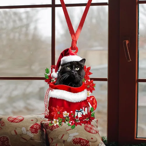 Vista 4 de Talataca Adorno de Navidad plano 2D de gato negro, Gato Negro en bolsa de regalo de Papá Noel rojo, decoración de árbol de pino, colgante de casa 4