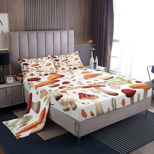 Vista 10 de Juego de sábanas tamaño individual de hongos, sábanas de microfibra suave y bolsillo profundo, sábanas y fundas de almohada estampadas sin arrugas