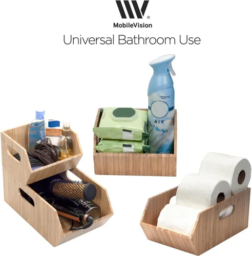 Vista 6 de MobileVision Contenedores de almacenamiento de bambú para despensa y armario de cocina, multiusos, juego apilable de 2 piezas para productos