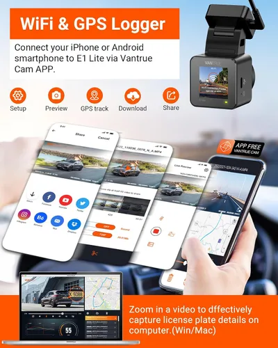 Vista 4 de VANTRUE E1 Lite - Cámara de tablero para vehículo, WiFi, GPS, 1080P, control de voz, visión nocturna, modo de estacionamiento de 24 horas, detección