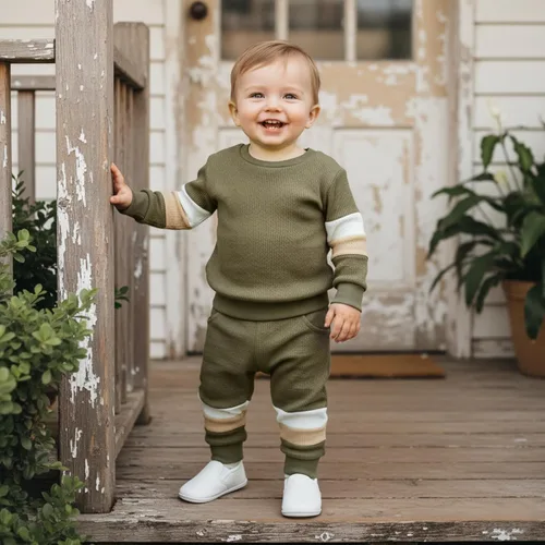 Vista 10 de Kuriozud Conjunto de 2 piezas de sudadera con cuello redondo y pantalones deportivos para niños pequeños para otoño e invierno