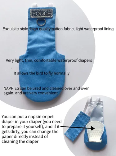 Vista 5 de Trajes y pañales de vuelo de aves Poli(L) - Reutilizables, impermeables, suministros para pájaros para mascotas