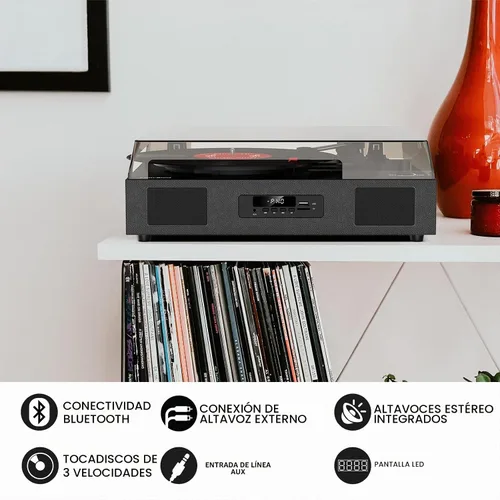 Vista 2 de Tocadiscos de discos de vinilo con altavoces estéreo integrados, tocadiscos vintage de 3 velocidades para discos de vinilo, grabación USB SD