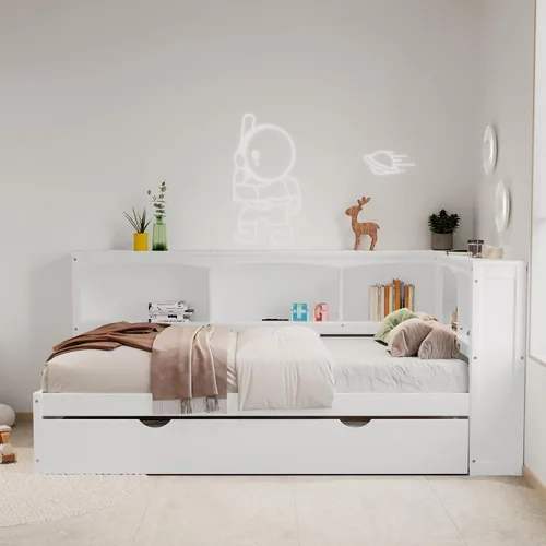 Vista 7 de DEINPPA Sofá cama Twin Captain con nido y puertos USB, marco de cama de plataforma de madera con cabecera en forma de L para niños, adolescentes