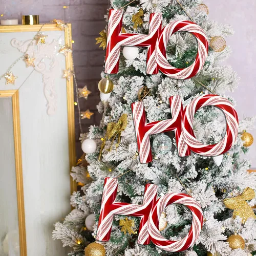 Vista 3 de Ho Ho Ho - 3 adornos para árbol de Navidad de 13.8 pulgadas con costuras de caramelo de menta roja y verde, adorno colgante de Navidad, corona