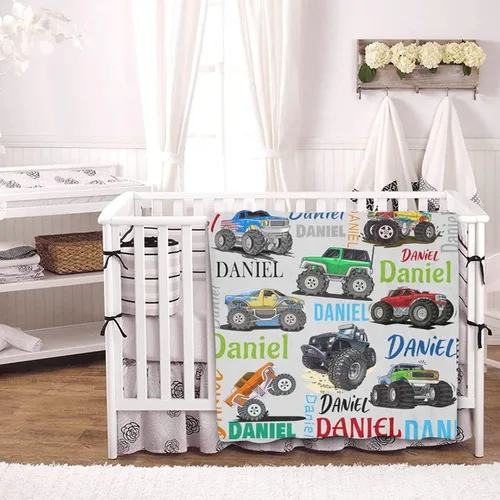 Vista 2 de Manta personalizada de camión para niños, manta personalizada para automóvil con nombre, manta suave de dibujos animados para regalo de Navidad
