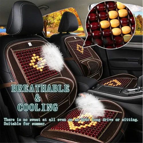 Vista 4 de Funda de asiento cómoda con cuentas de madera con malla ventilada de enfriamiento, soporte lumbar, respaldo ortopédico y cojín de masaje