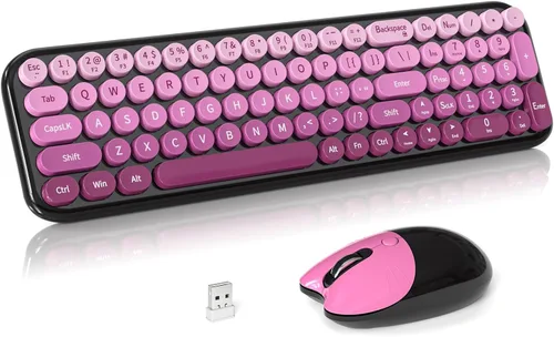 Vista 15 de Combo de teclado y mouse inalámbricos, 2.4 GHz degradado colorido de tamaño completo retro con mouse inalámbrico para PC/computadora