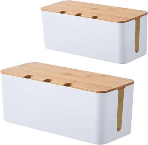 Vista 7 de Caja de organización de cables con tapa de bambú, caja organizadora de cables para ocultar cables y regletas de alimentación, cable de extensión