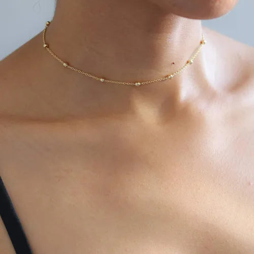 Vista 4 de MEVECCO Gargantilla Delicada de Cadena de Oro Collar Gargantilla de Oro de 14K Plateado Hecho a Mano Boho Lindo Pequeñas Cuentas con Eslabones