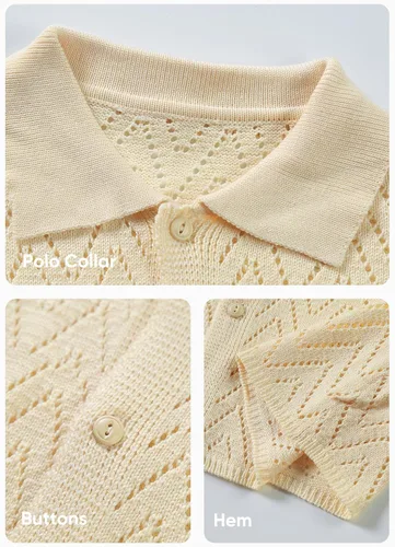 Vista 4 de JMIERR Suéter casual de punto de ganchillo para hombre, polo de manga corta, con botones, camisas de playa