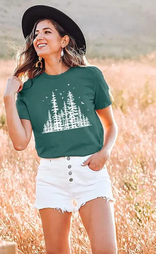Vista 4 de Camisetas de pino para mujer, divertidas camisetas gráficas de verano, senderismo, camping, naturaleza, camiseta de manga corta, atlética, casual