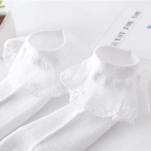Vista 11 de Looching 4 pares de calcetines de encaje de princesa de algodón con volantes sólidos para niñas pequeñas