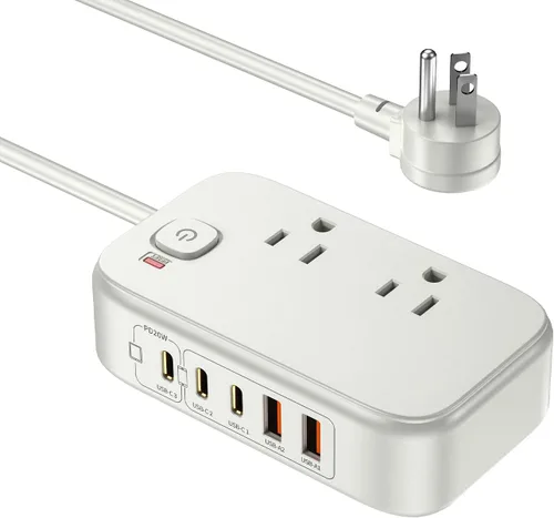 Vista 9 de Regleta de alimentación de viaje PD20W - 3AC y 5 USB (3 USB C), cable de extensión de 5 pies 8-in-1 Power Strip with USB C Port for Home, Portable